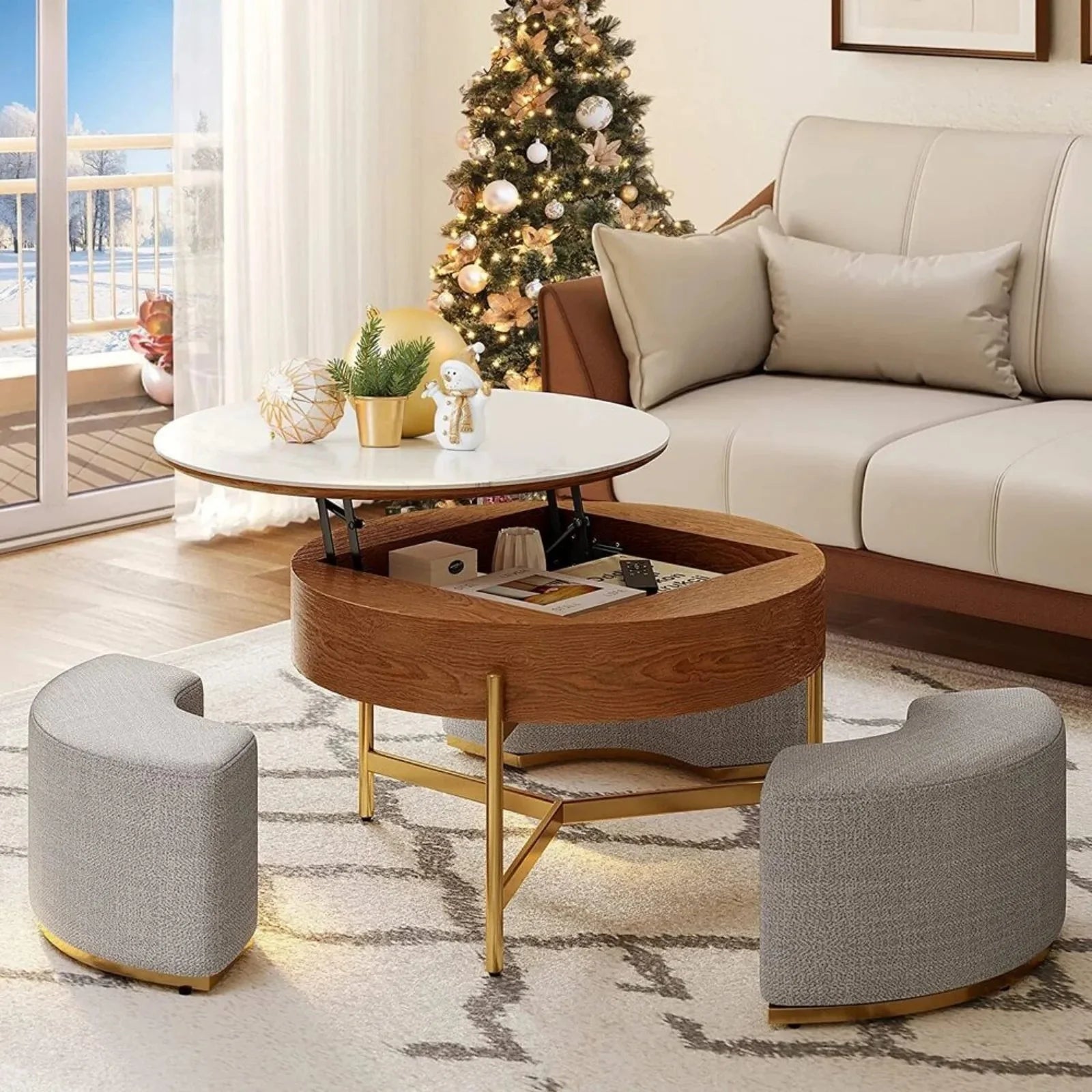 Lift-Top Wooden Coffee Table with Ottomans