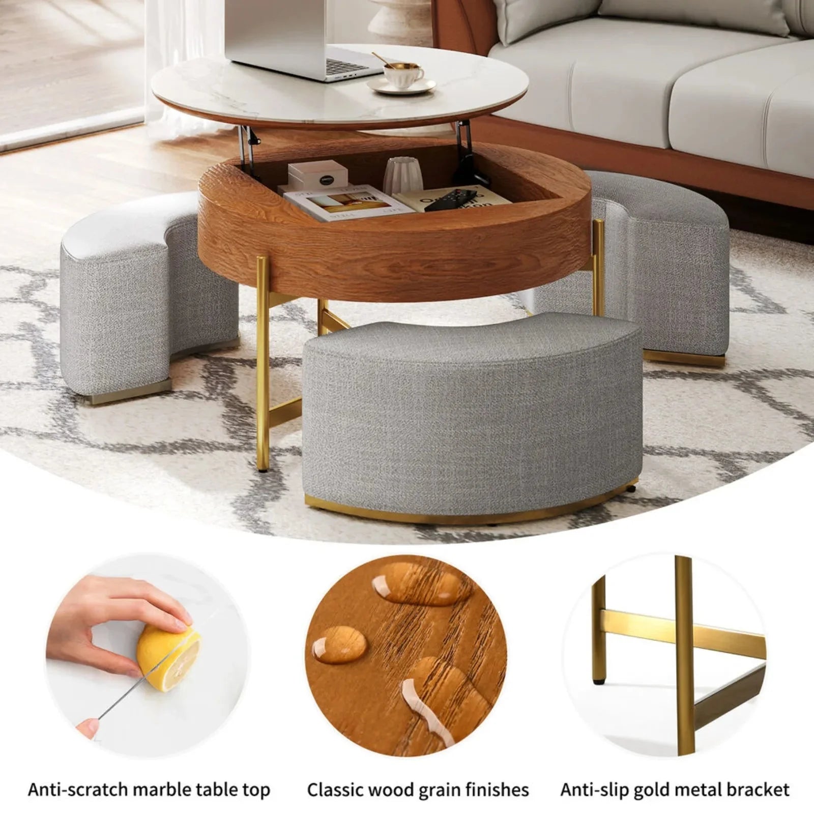 Lift-Top Wooden Coffee Table with Ottomans