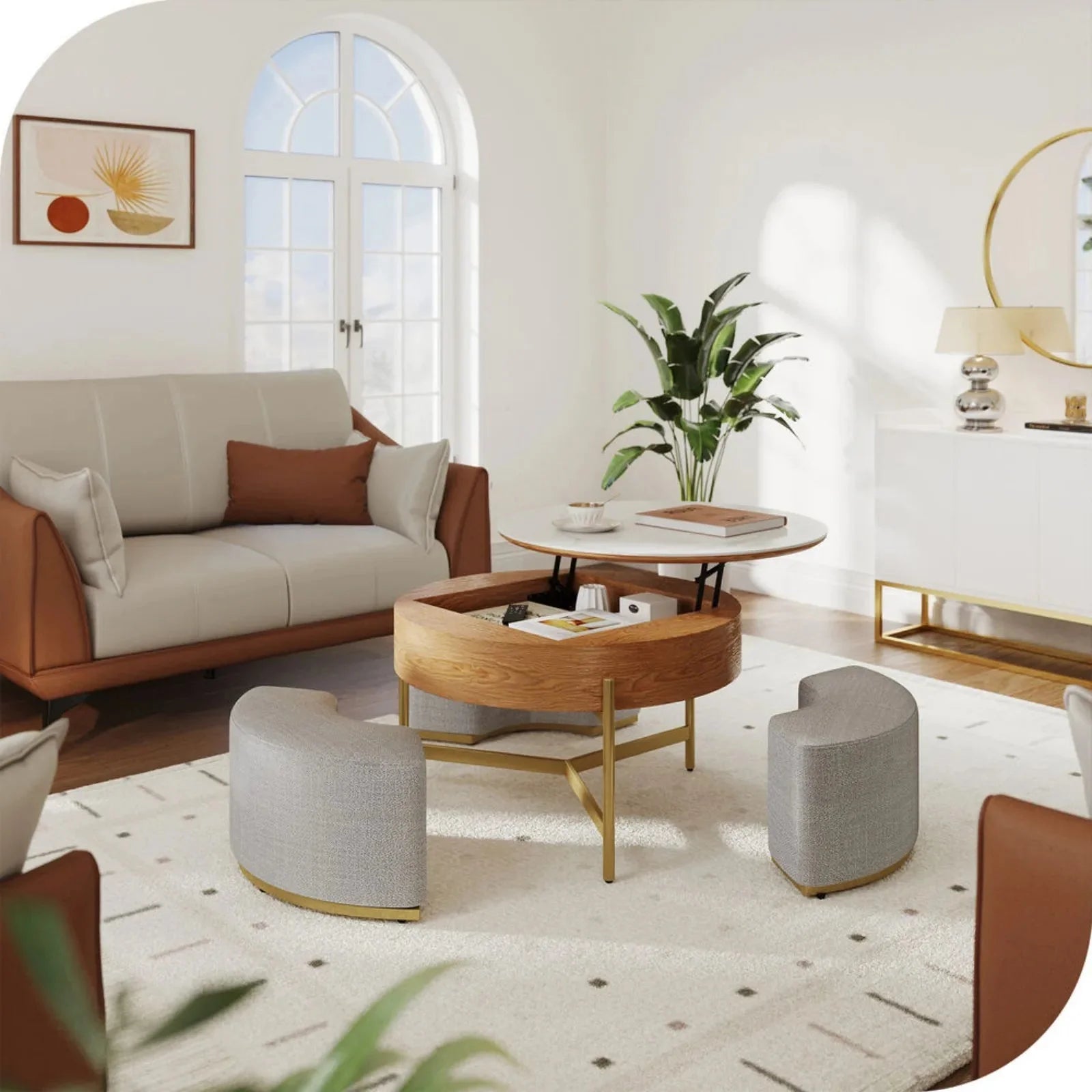 Lift-Top Wooden Coffee Table with Ottomans