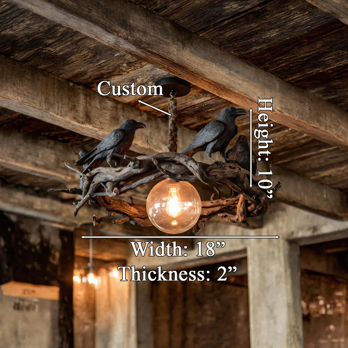 Rustic Driftwood Chandelier With Black Crow Accents For Home Decor
