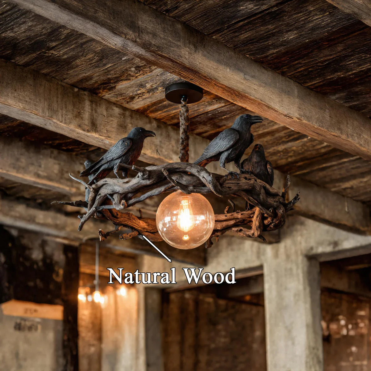 Rustic Driftwood Chandelier With Black Crow Accents For Home Decor