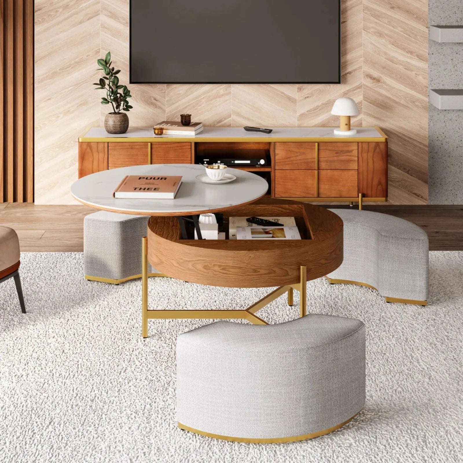 Lift-Top Wooden Coffee Table with Ottomans