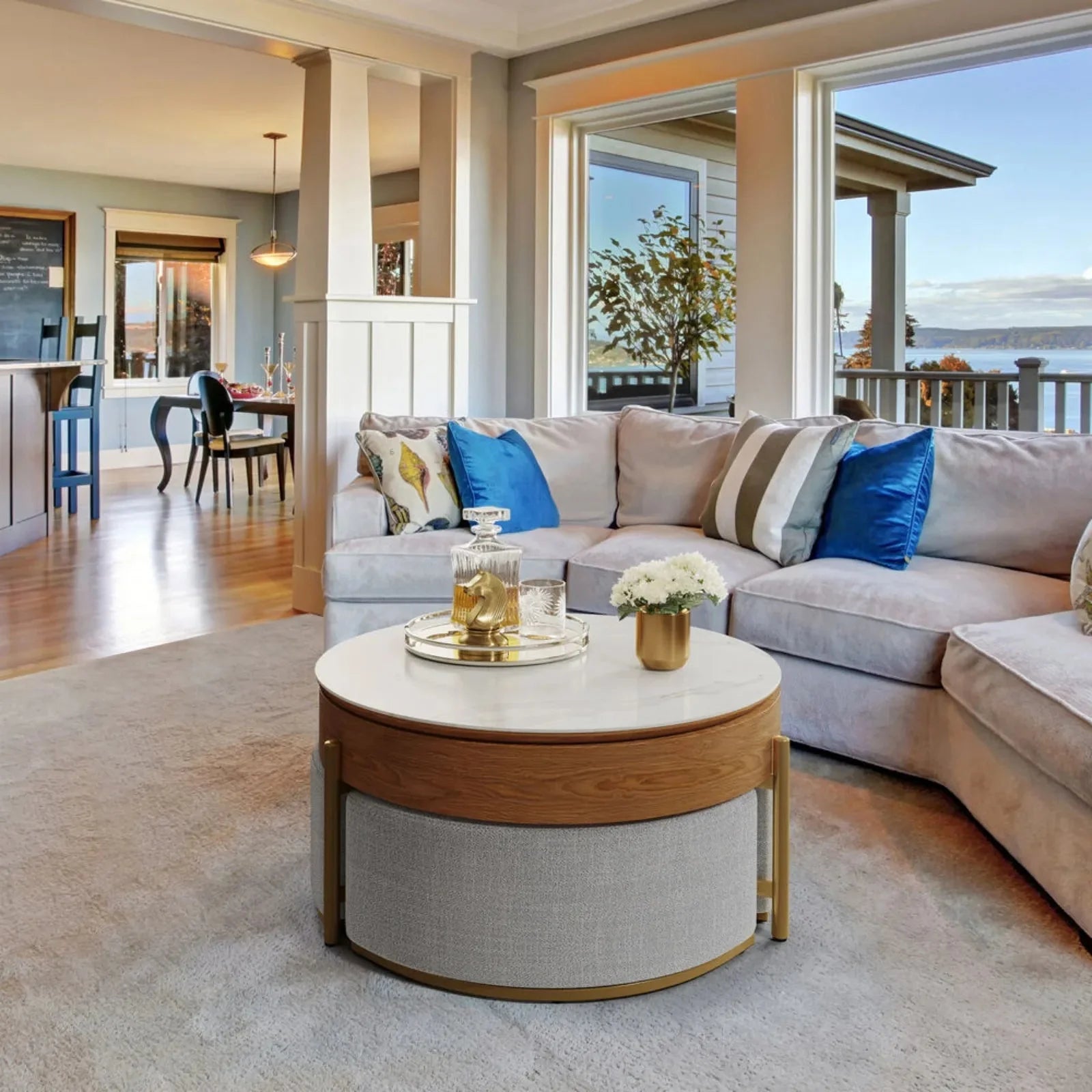 Lift-Top Wooden Coffee Table with Ottomans