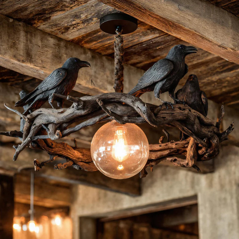 Rustic Driftwood Chandelier With Black Crow Accents For Home Decor