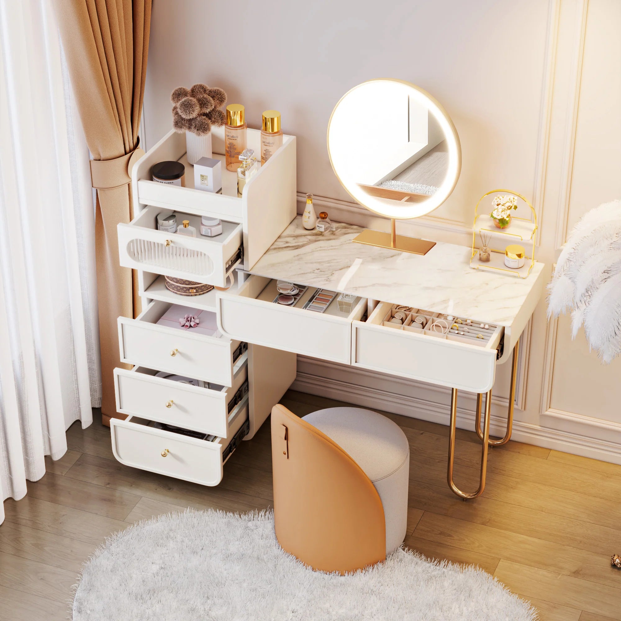 Light Luxury White Makeup Vanity with Jewelry Storage