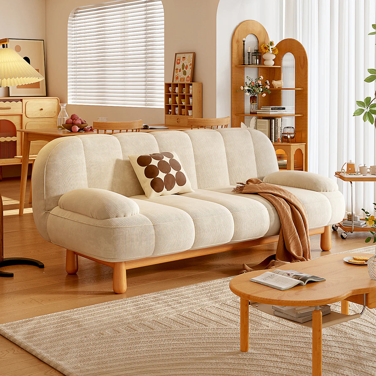 Japandi Loveseat Sofa Bed – Cream & Green Corduroy