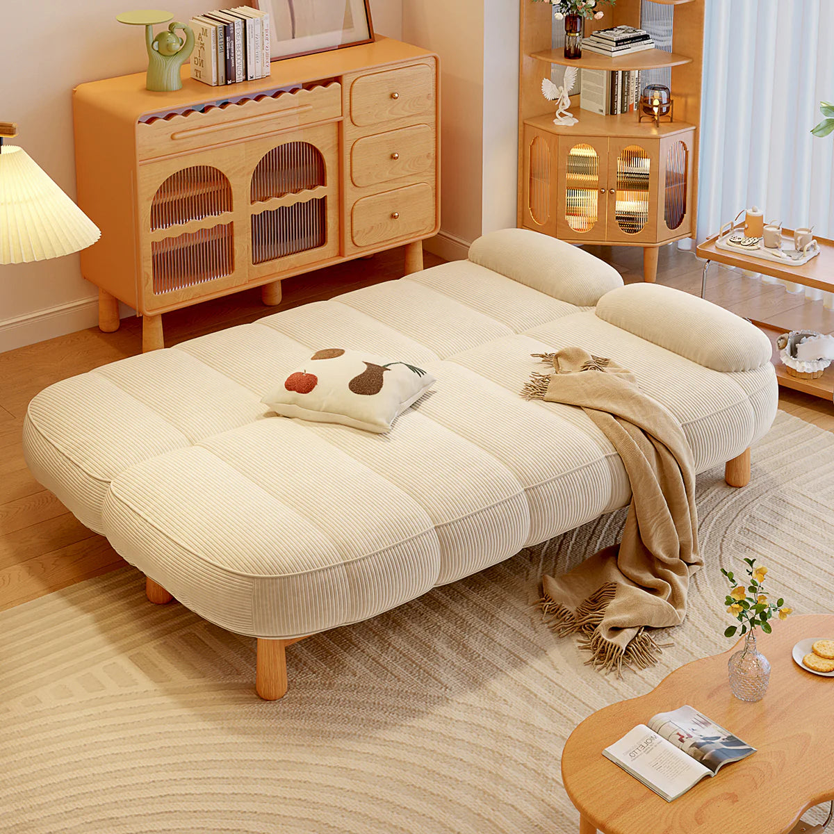 Japandi Loveseat Sofa Bed – Cream & Green Corduroy
