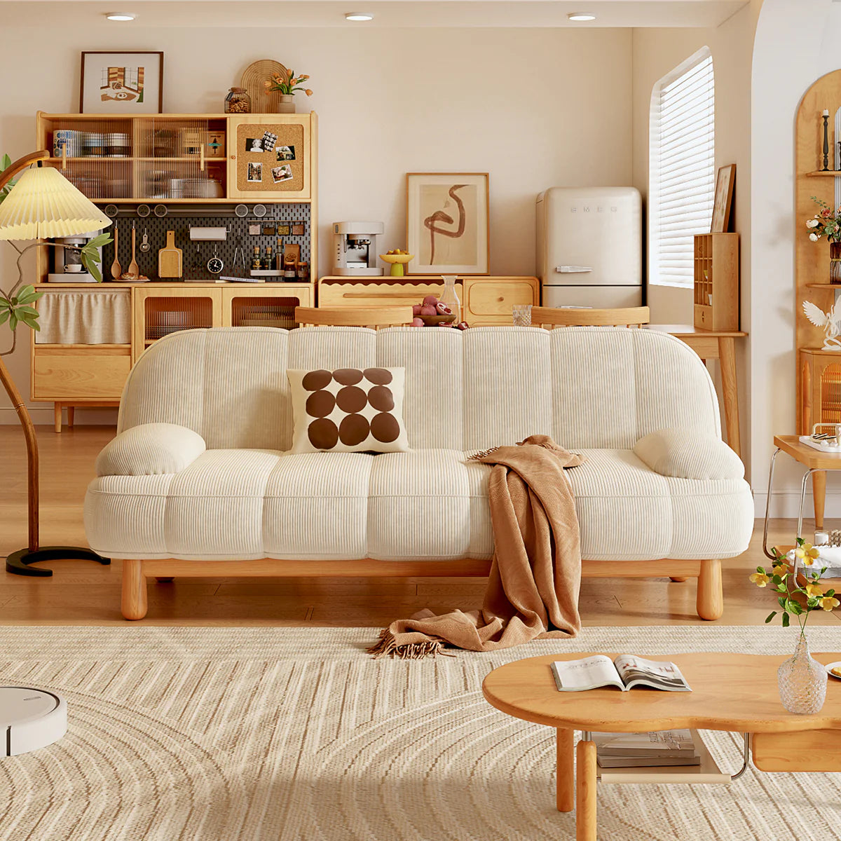Japandi Loveseat Sofa Bed – Cream & Green Corduroy