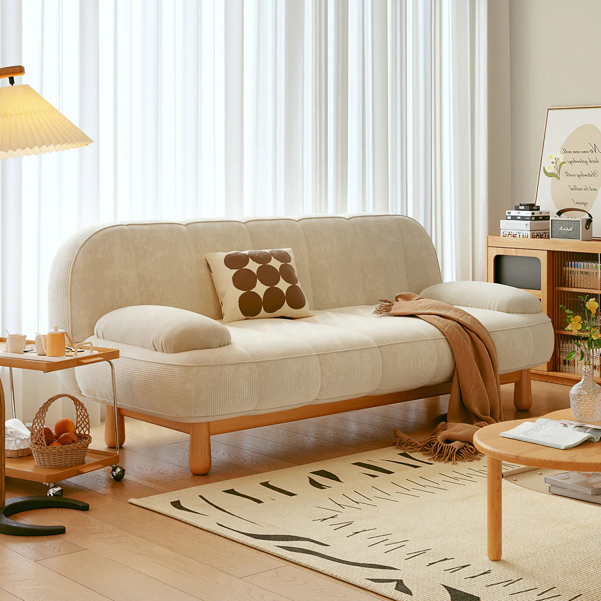 Japandi Loveseat Sofa Bed – Cream & Green Corduroy