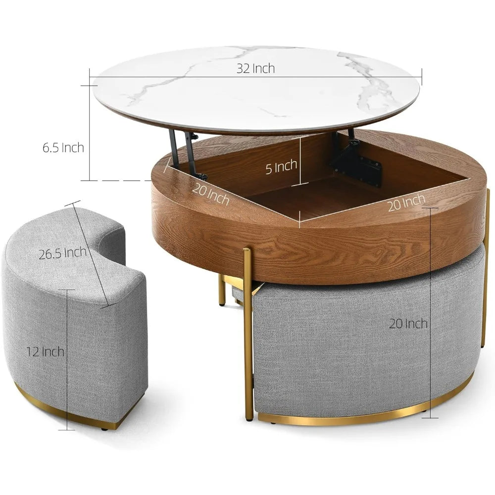 Lift-Top Wooden Coffee Table with Ottomans