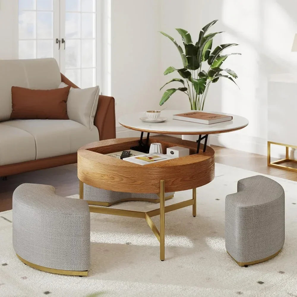 Lift-Top Wooden Coffee Table with Ottomans