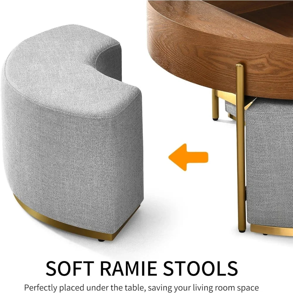 Lift-Top Wooden Coffee Table with Ottomans