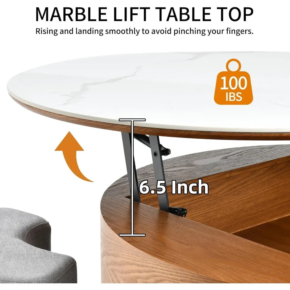 Lift-Top Wooden Coffee Table with Ottomans